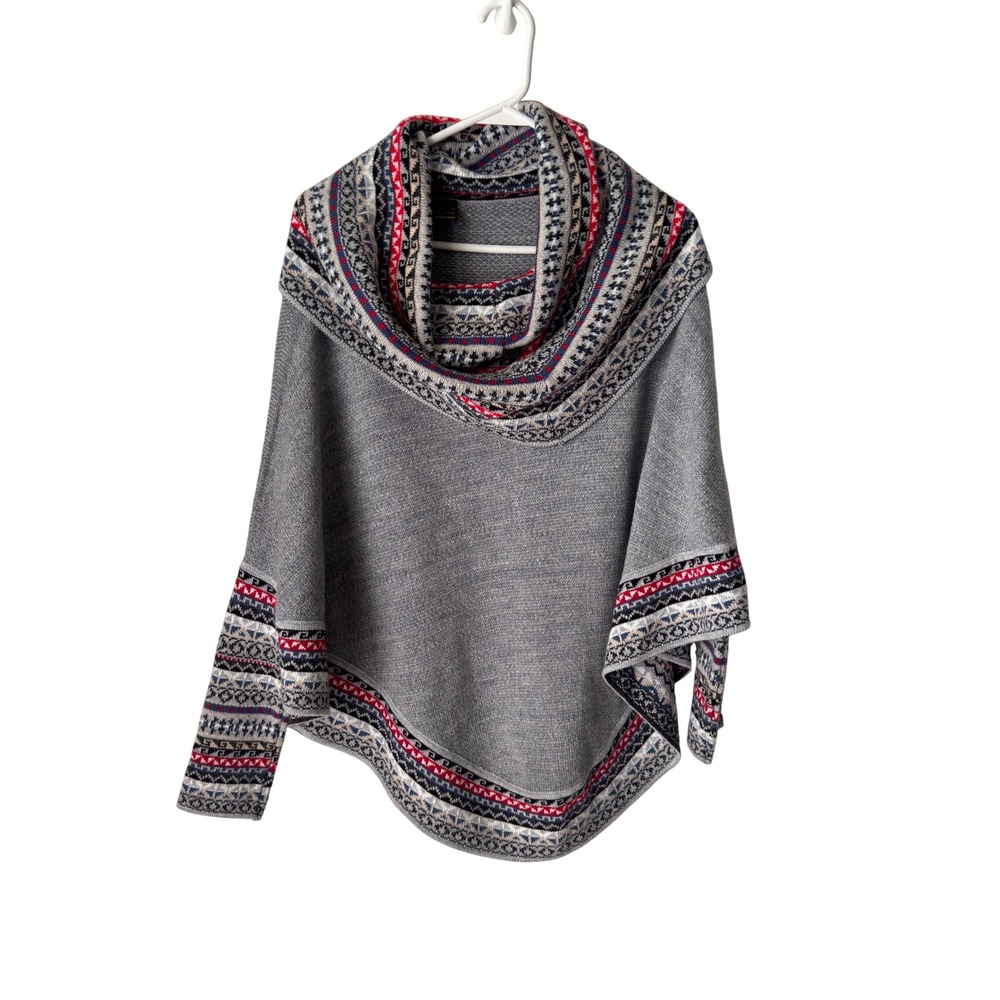 Ecologic Arts 100% Wool Fair Isle Cowl Neck Poncho Gray Made in Peru OS